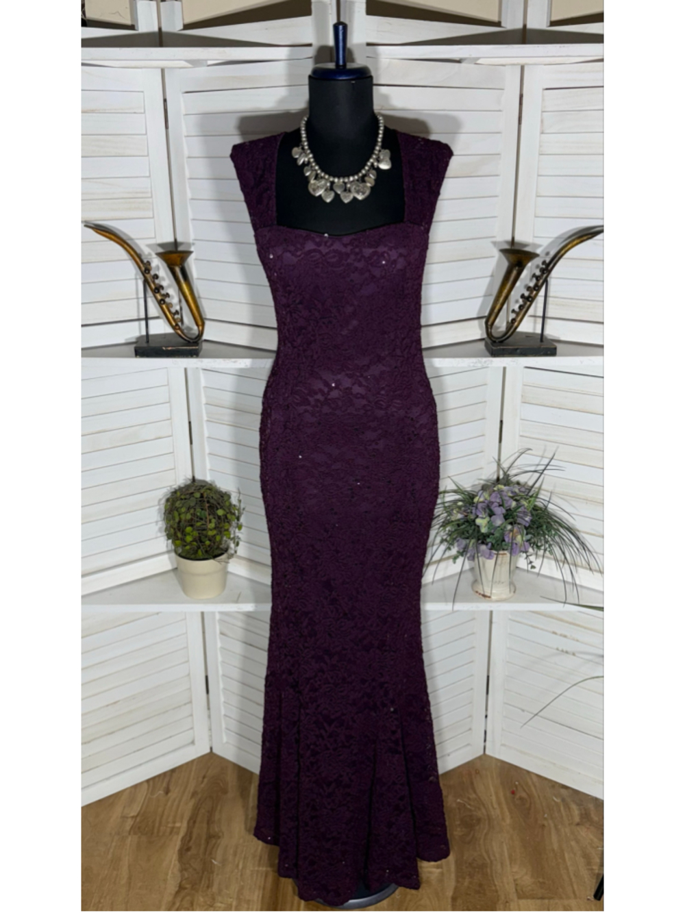 Vintage 90s prom maxi dress purple lace open back beaded mermaid whimsigoth hoco